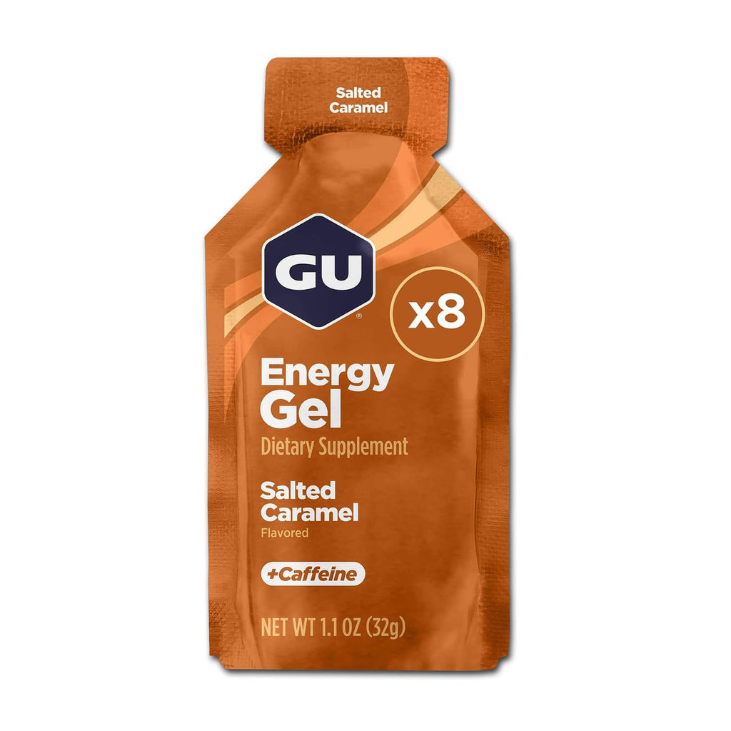 GU Energy Gel salted caramel pouch, pack of 8, caffeinated sports nutrition supplement