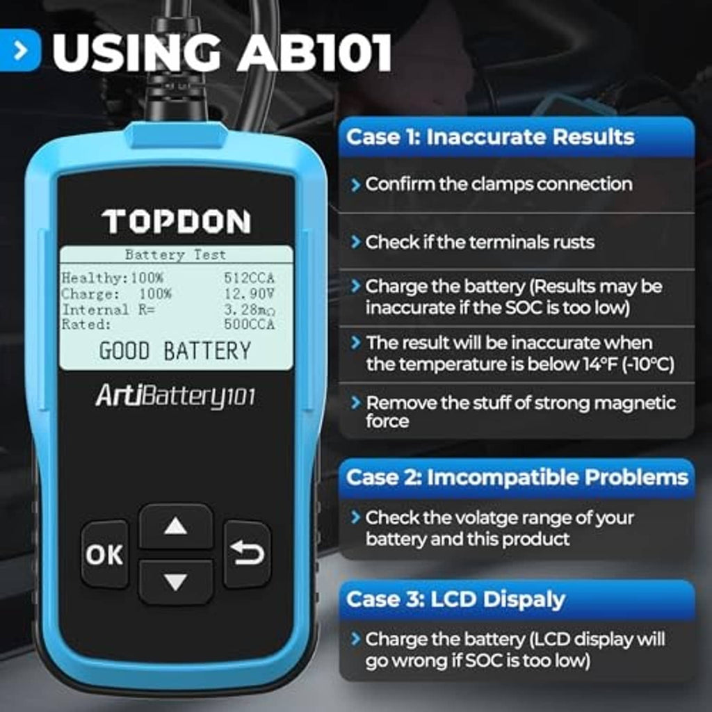 AB101 12V battery tester with usage notes for accurate results and LCD display