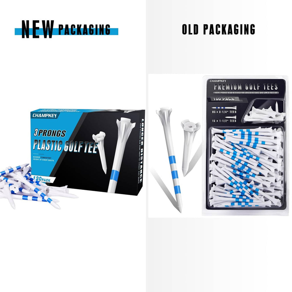 Mixed pack of plastic 3-prong golf tees, white tees with blue stripe bands