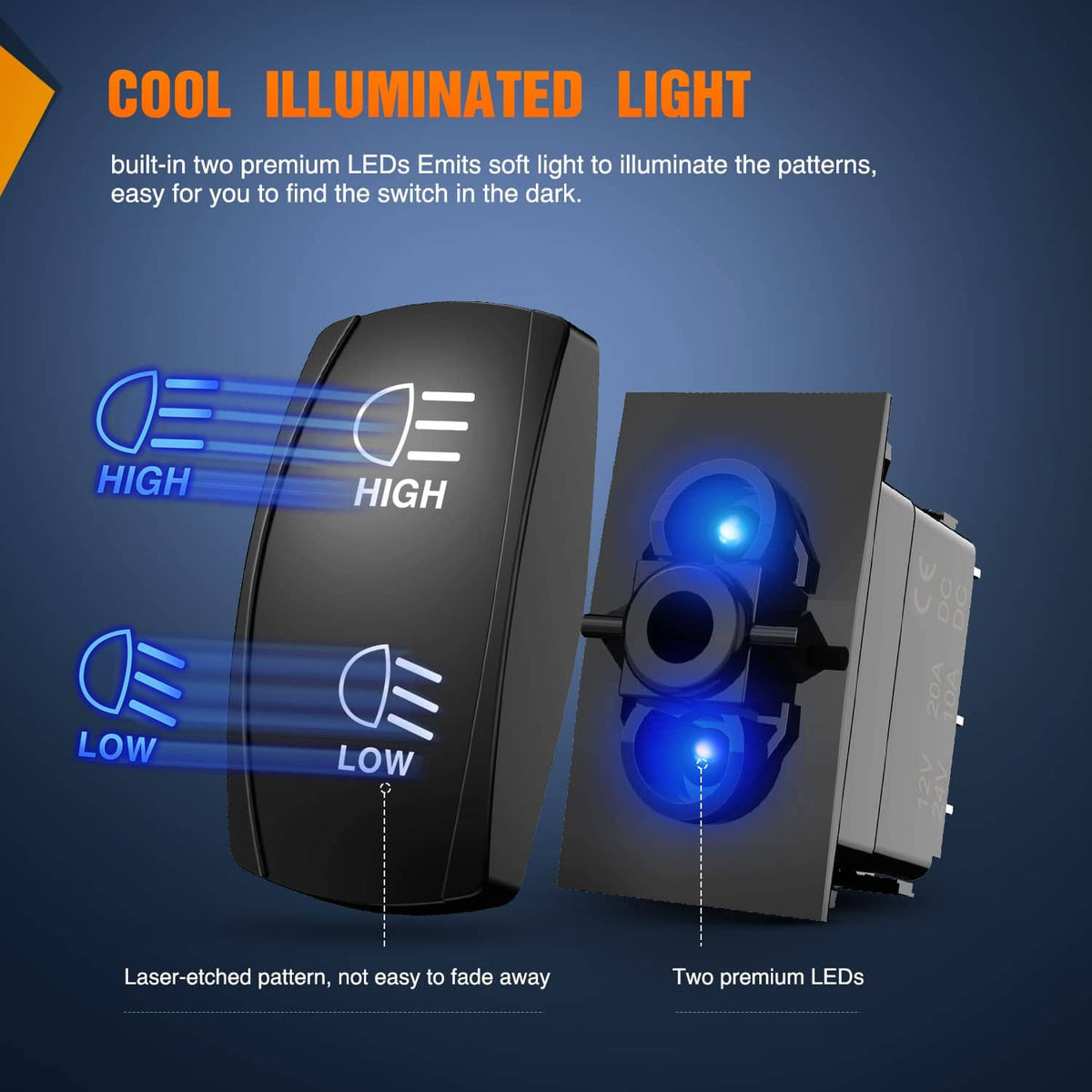 Illuminated rocker switch with blue HIGH/LOW glow and visible mounting back terminals