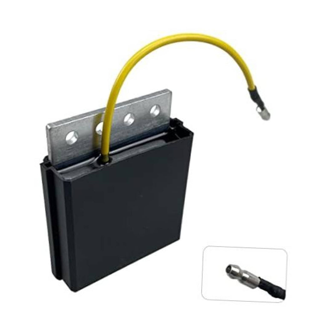 Voltage regulator rectifier with black housing, aluminum mounting plate, yellow wire lead