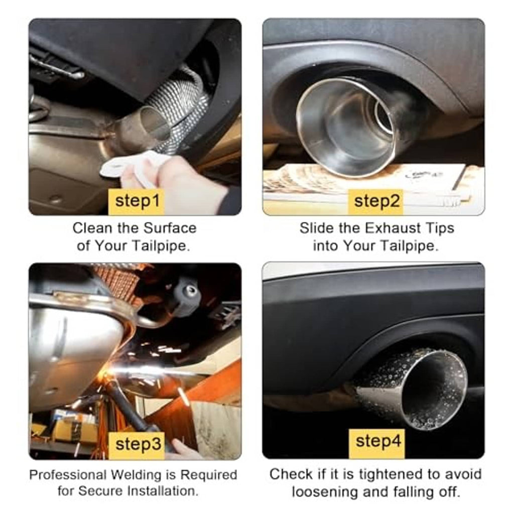 Exhaust X-pipe installation steps showing fitment, welding, and checking tightness