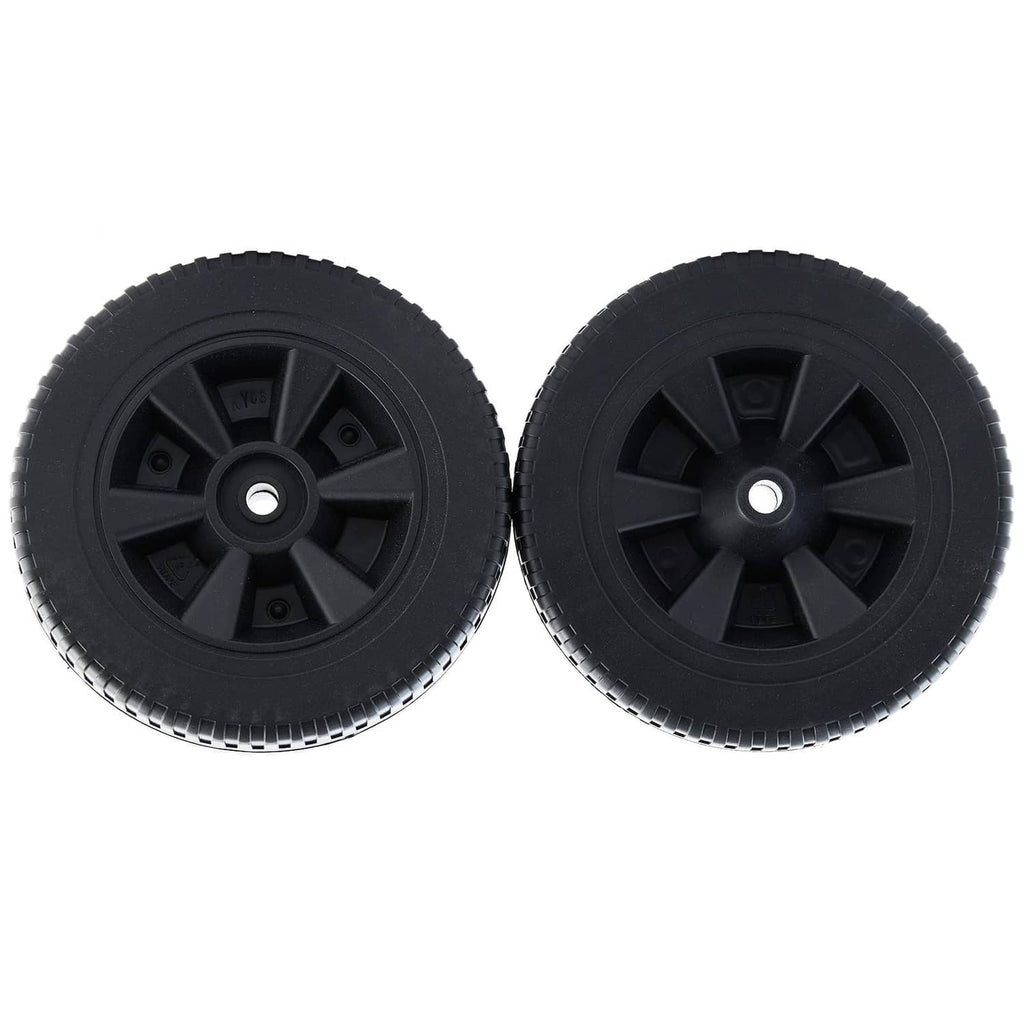 Pair of black replacement wheels with rugged tread and center hubs