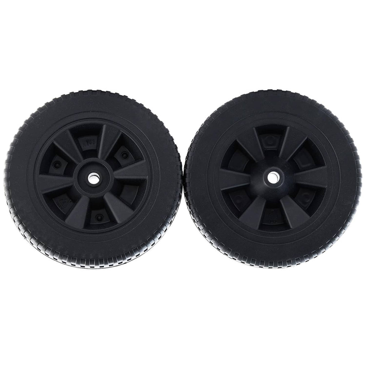 Pair of black replacement wheels with rugged tread and center hubs