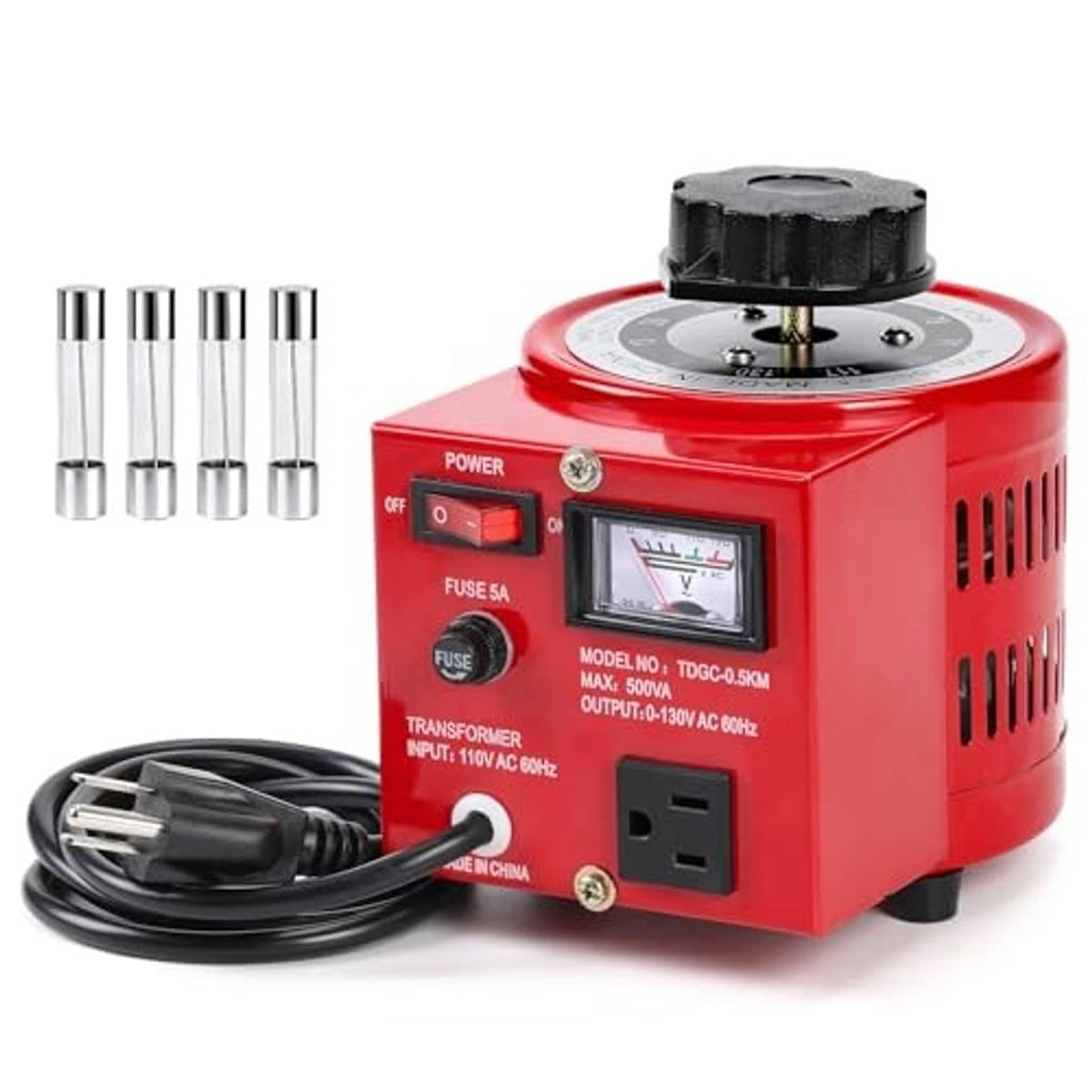Red adjustable voltage transformer showing voltmeter, outlet socket, and side ventilation