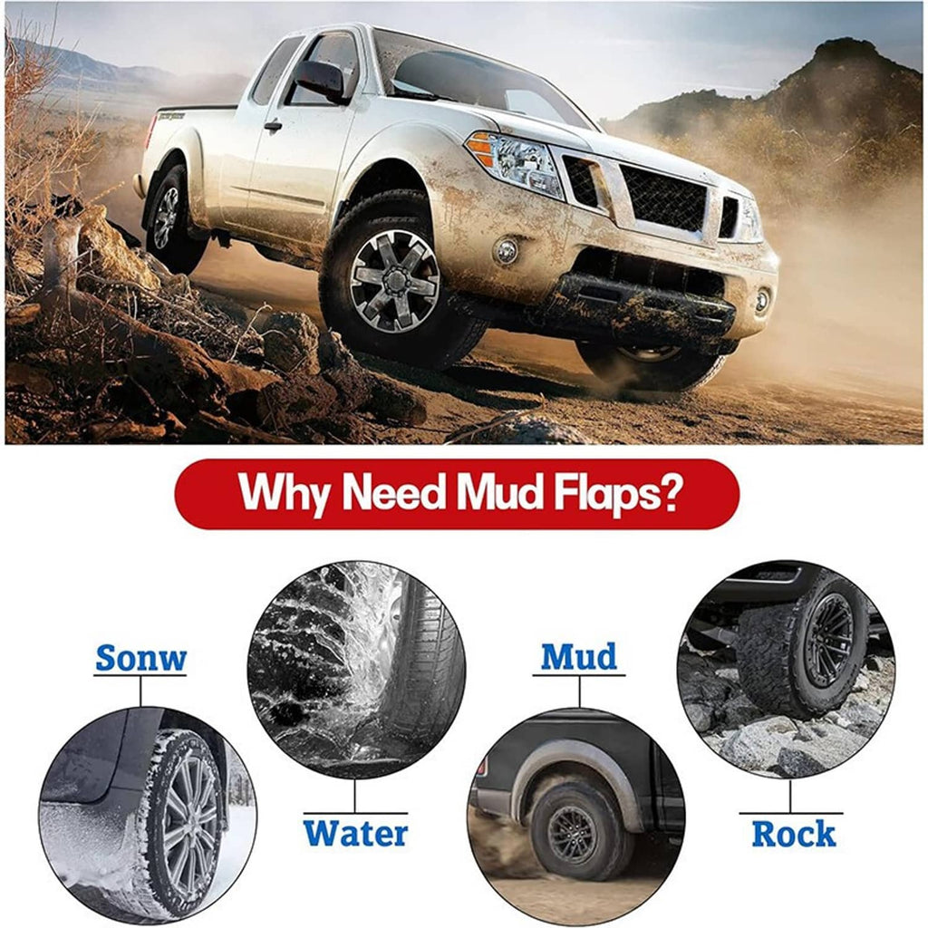 Black mud flaps on pickup truck with mud, water, and rock splash icons