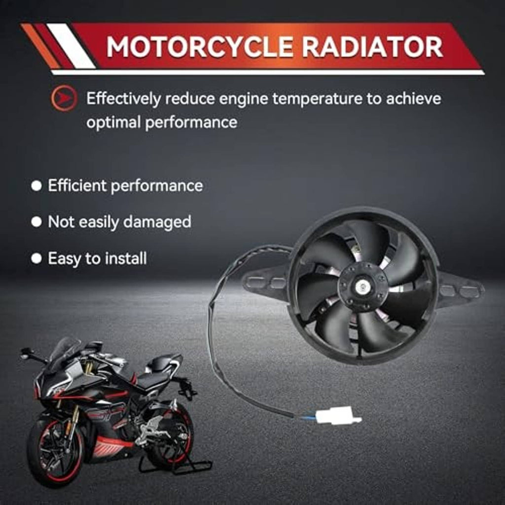 Motorcycle radiator cooling fan with four black blades and attached wire, mounted on bracket