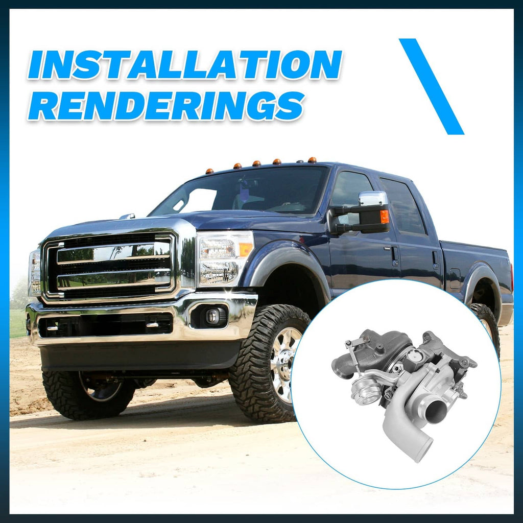 Turbocharger installation rendering with silver turbine housing and inlet/outlet pipes