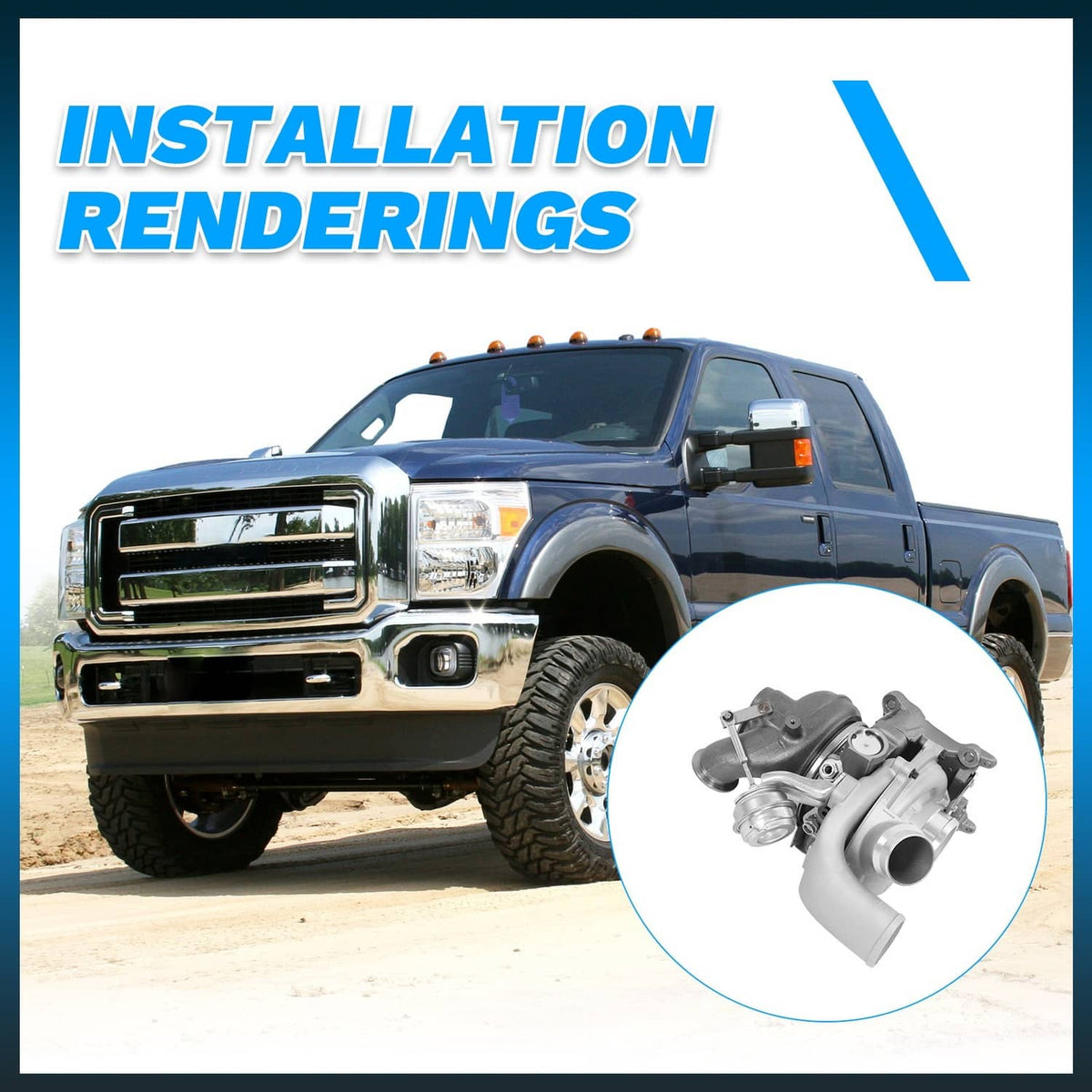 Turbocharger installation rendering with silver turbine housing and inlet/outlet pipes