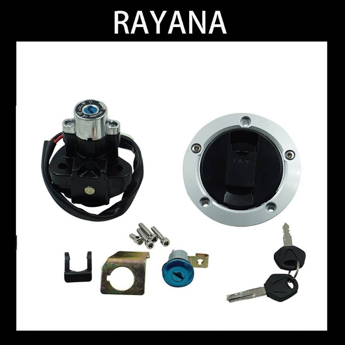 Motorcycle ignition switch and lock key set with keys, screws, wiring harness