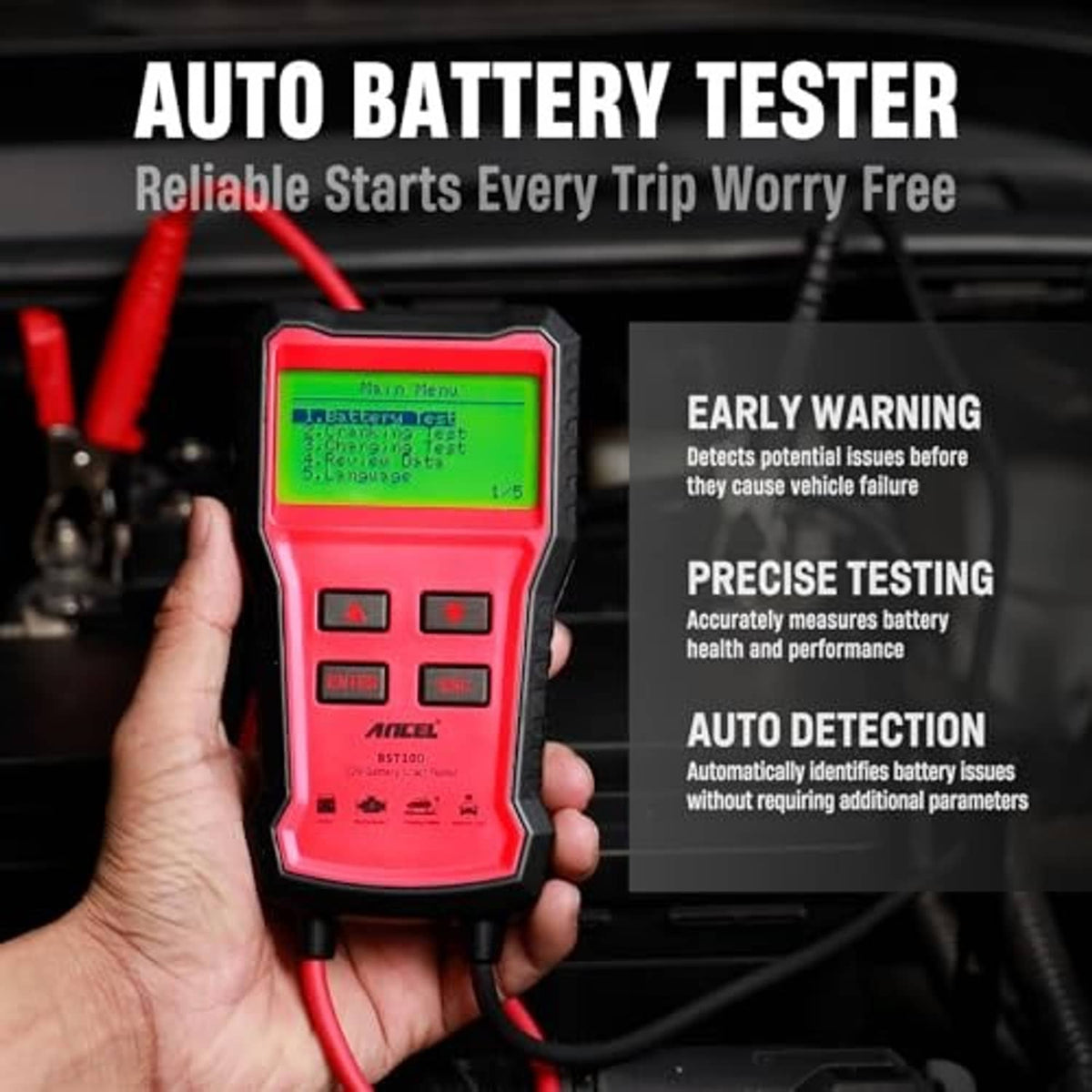 Handheld 12V battery load tester with LCD menu screen and red lead cables