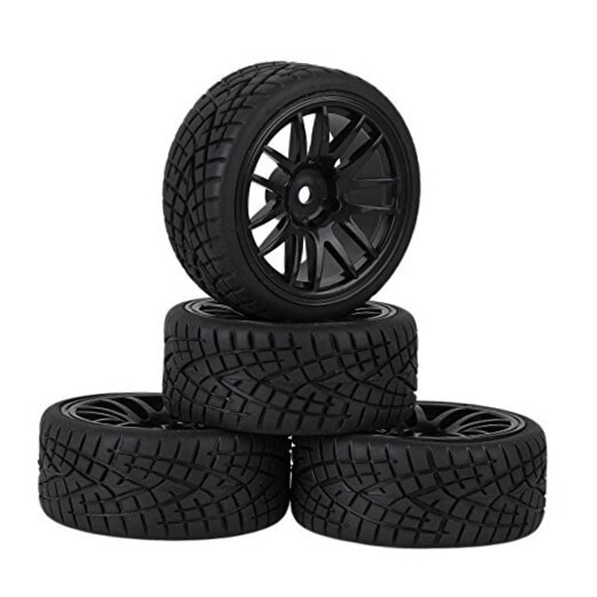 Black 14-spoke wheel rim with black tread tires, 3-piece stack