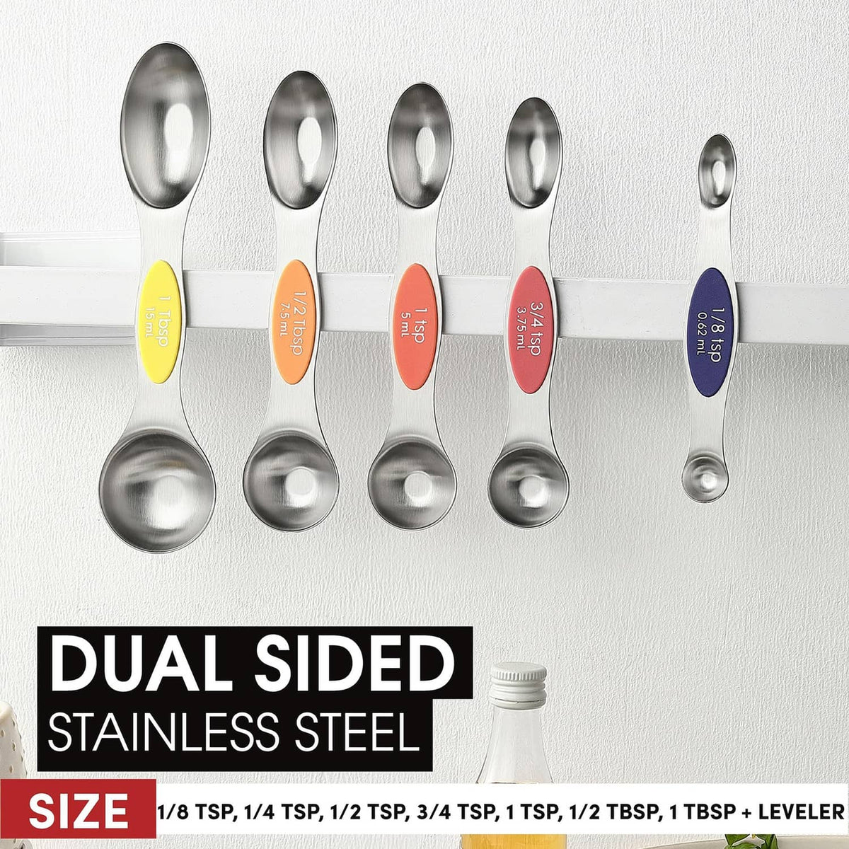 Stainless steel magnetic measuring spoons with color-coded size handles