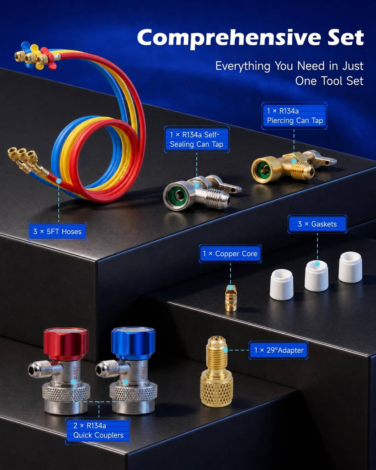 AC manifold gauge set accessories with brass fittings, hoses, adapters, and gaskets