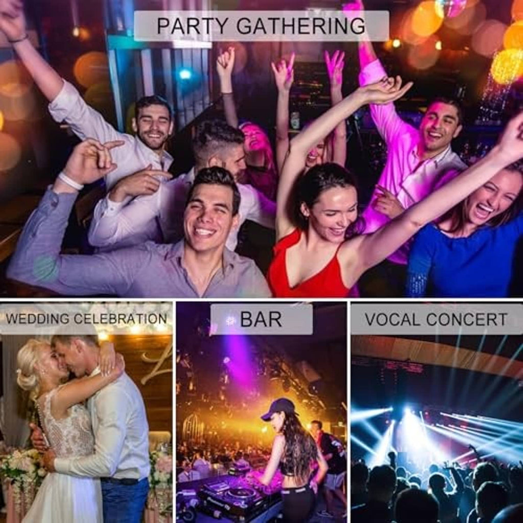 LED strobe light glow in a party scene with colorful lights and raised hands