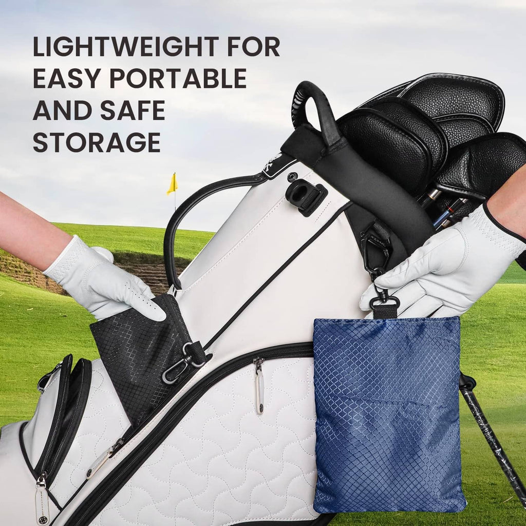 Blue golf pouch bag clipped to golf bag with strong plastic hook and hanging loop