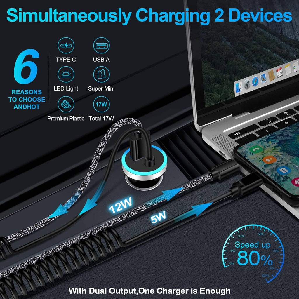 USB-C car charger with blue LED ring, dual output cable for charging devices in car