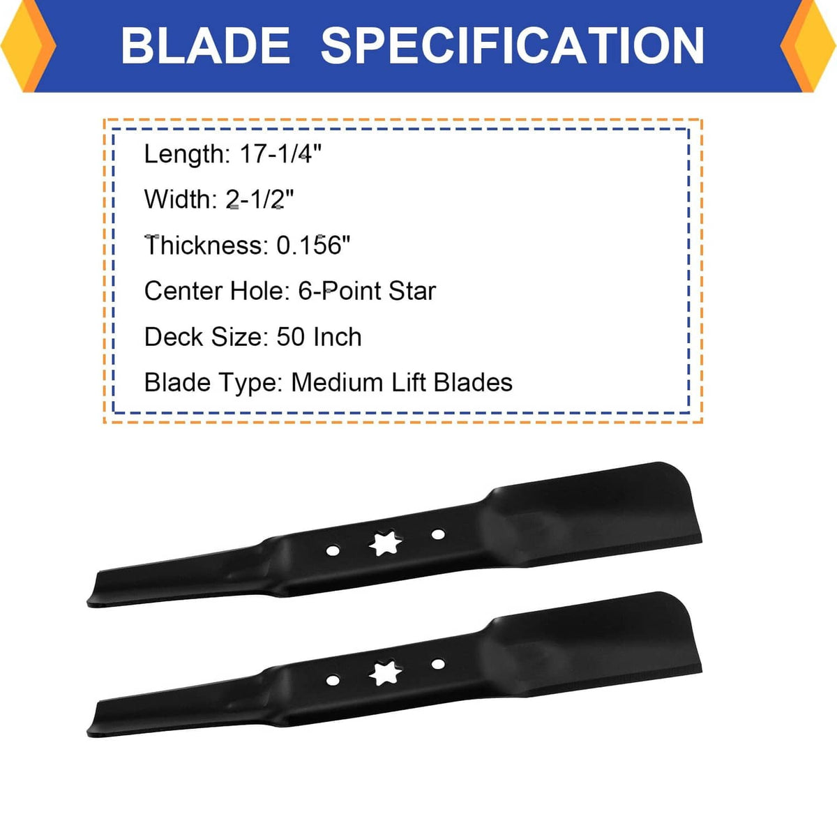 Pair of black medium lift replacement mower blades with star and round mounting holes