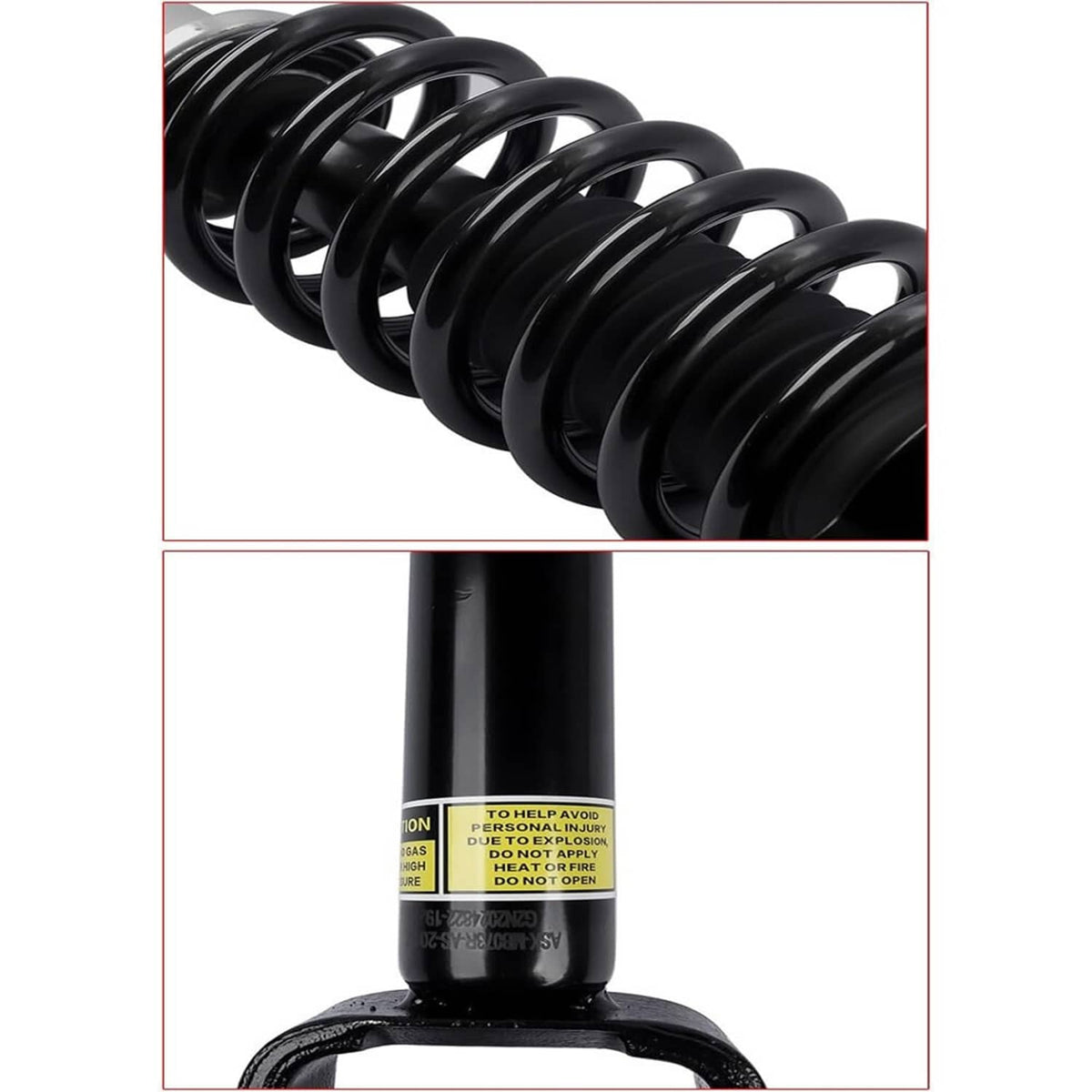Close-up of black coil spring and shock absorber body with warning label