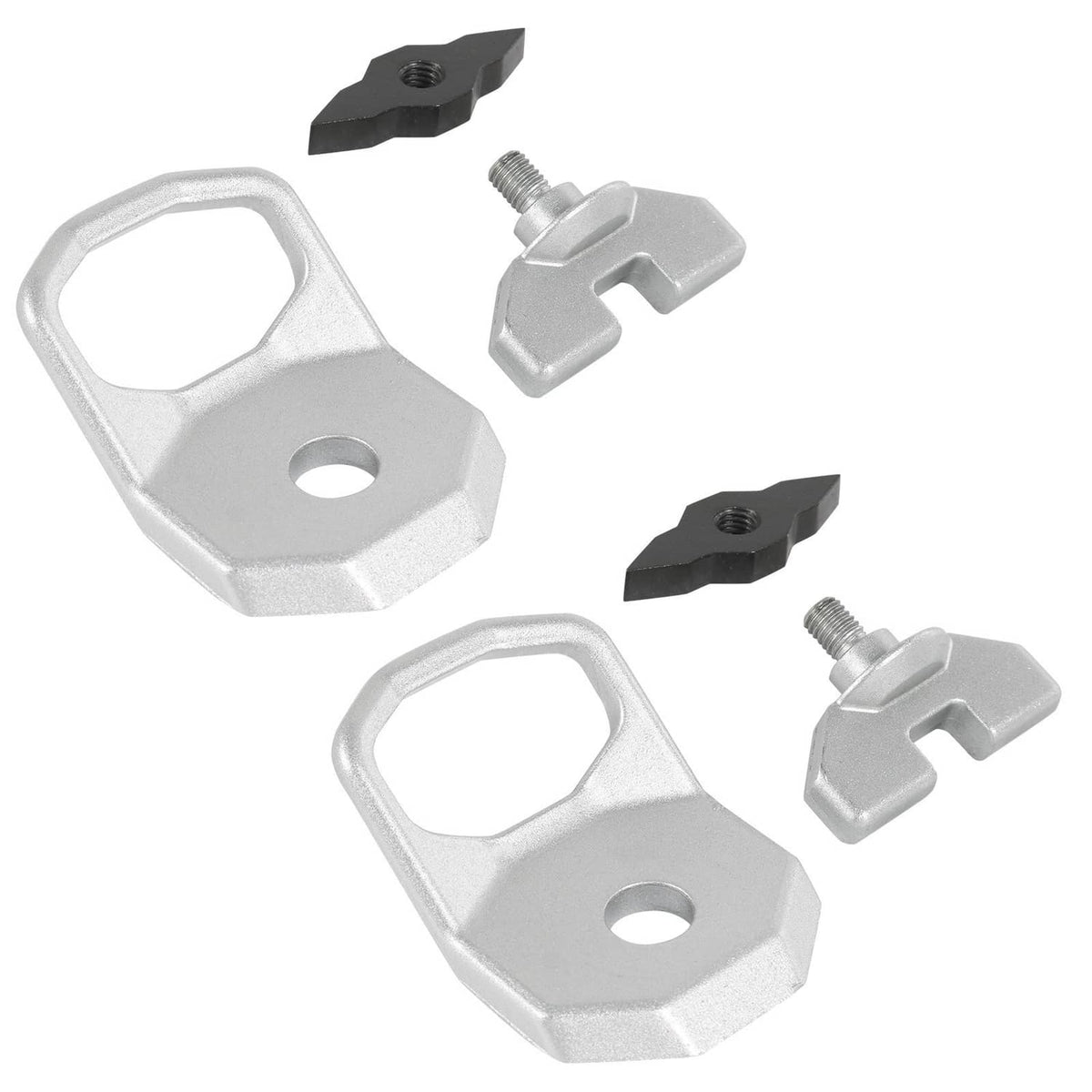 Silver D-ring bases with mounting bolts and black locking plates, 2 sets