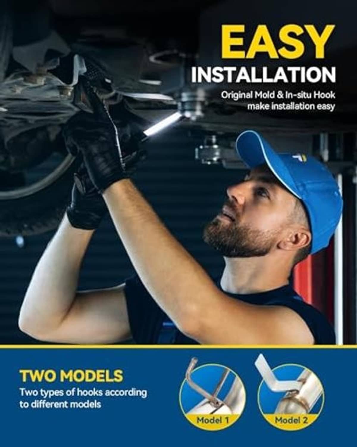 Cat-back exhaust installation with molded in-situ hook mounting points