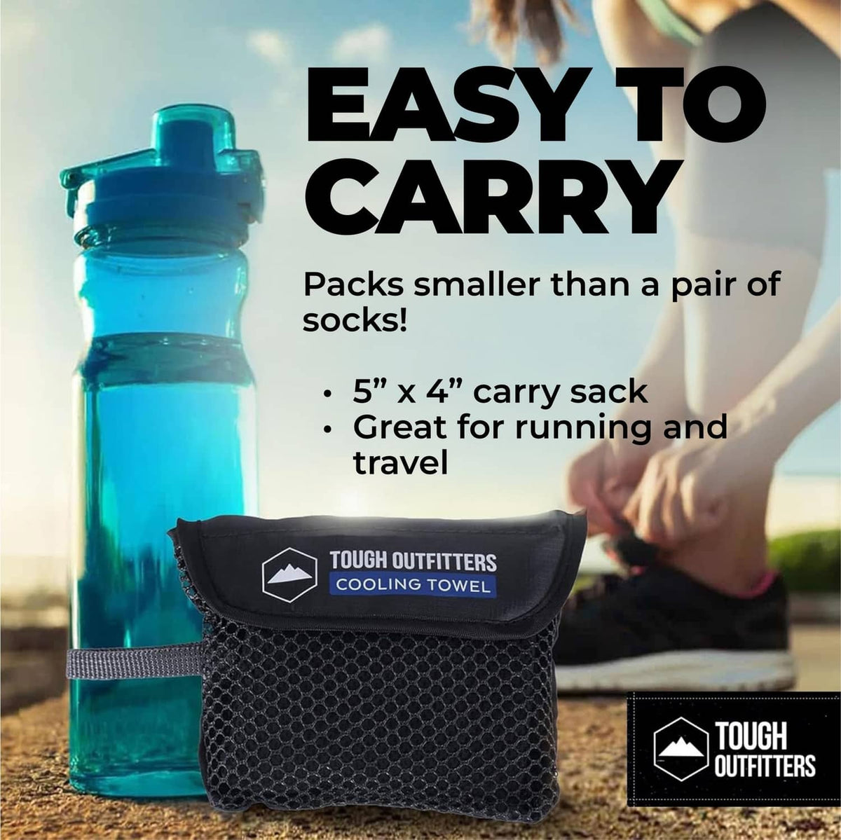 Folded cooling towel inside a black carry sack with “Cooling Towel” label