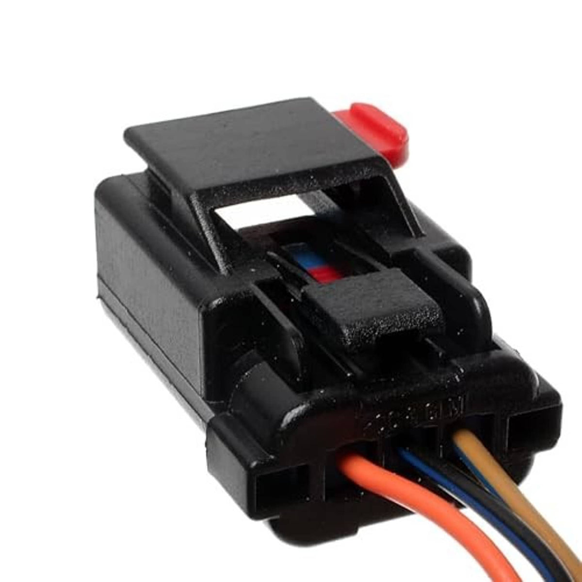 Black plastic wiring connector with orange and blue wire leads and red lock tab
