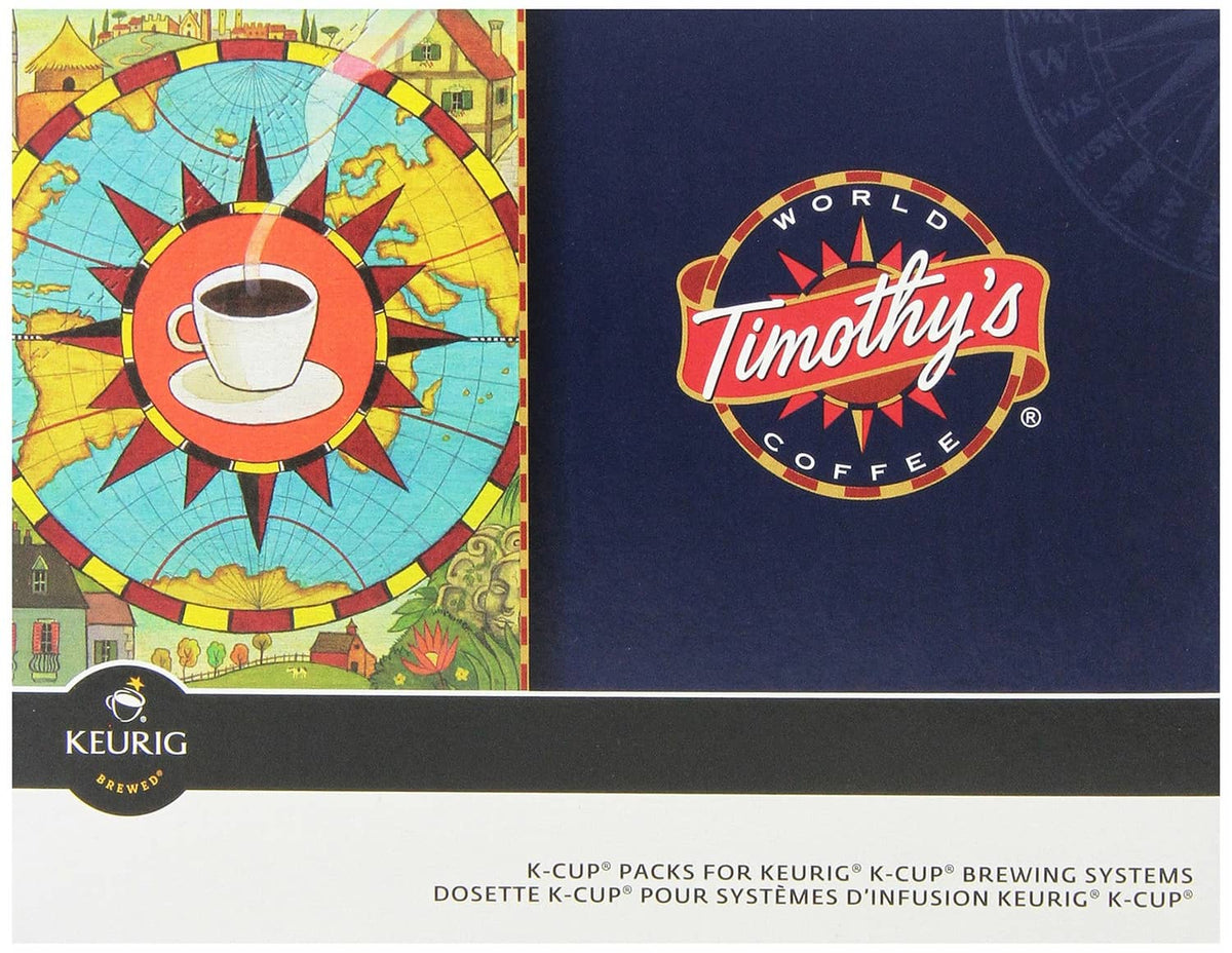 Timothy's Rainforest Espresso K-cup box front panel with logo and coffee cup graphic