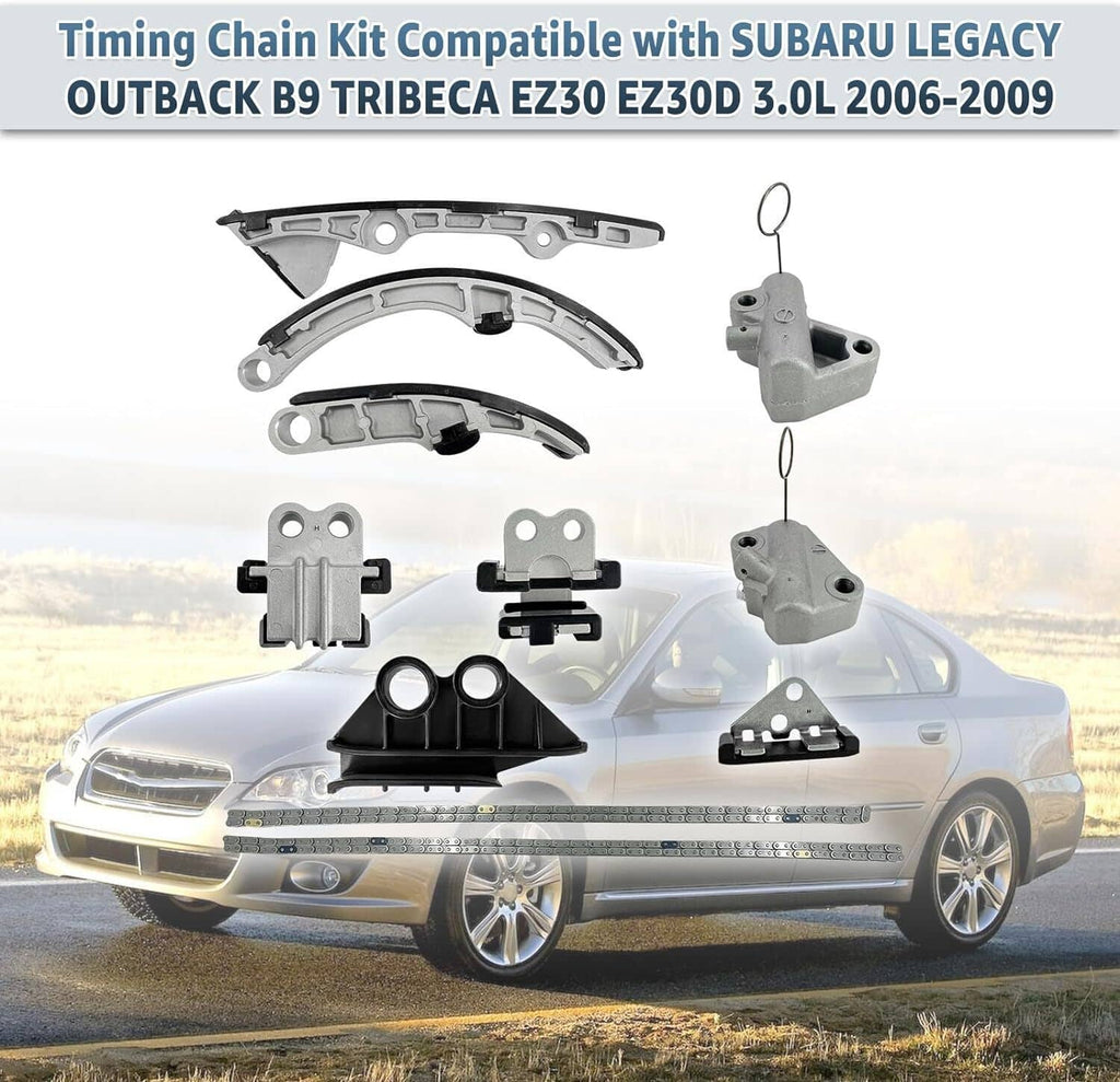 Timing chain kit components shown with curved guides, tensioner, and sprocket parts