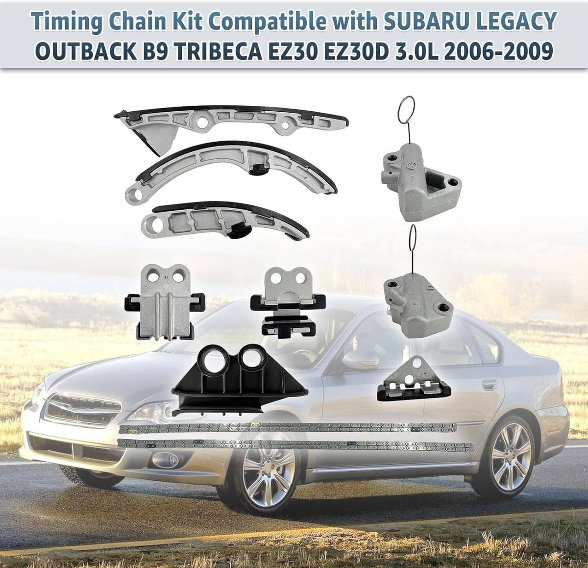 Timing chain kit components shown with curved guides, tensioner, and sprocket parts