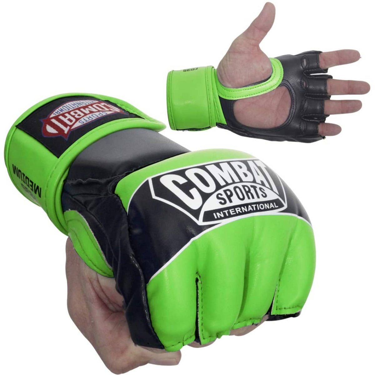 Youth boxing gloves with open palm design in black and neon green, synthetic leather, fingerless