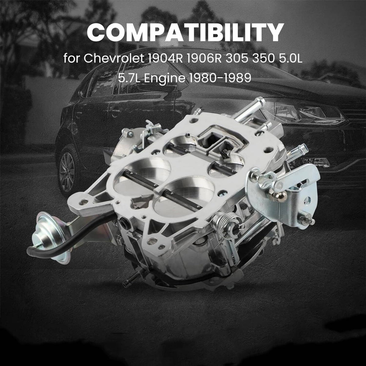 Silver carburetor unit with side linkage and mounting plate, angled view