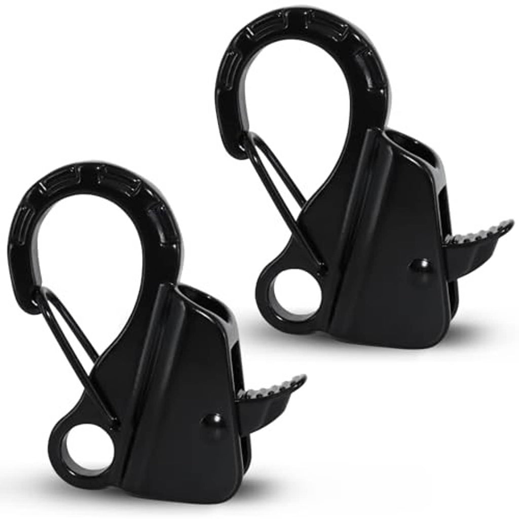 Two black sliding anchor hooks with oval ring and spring latch, side view