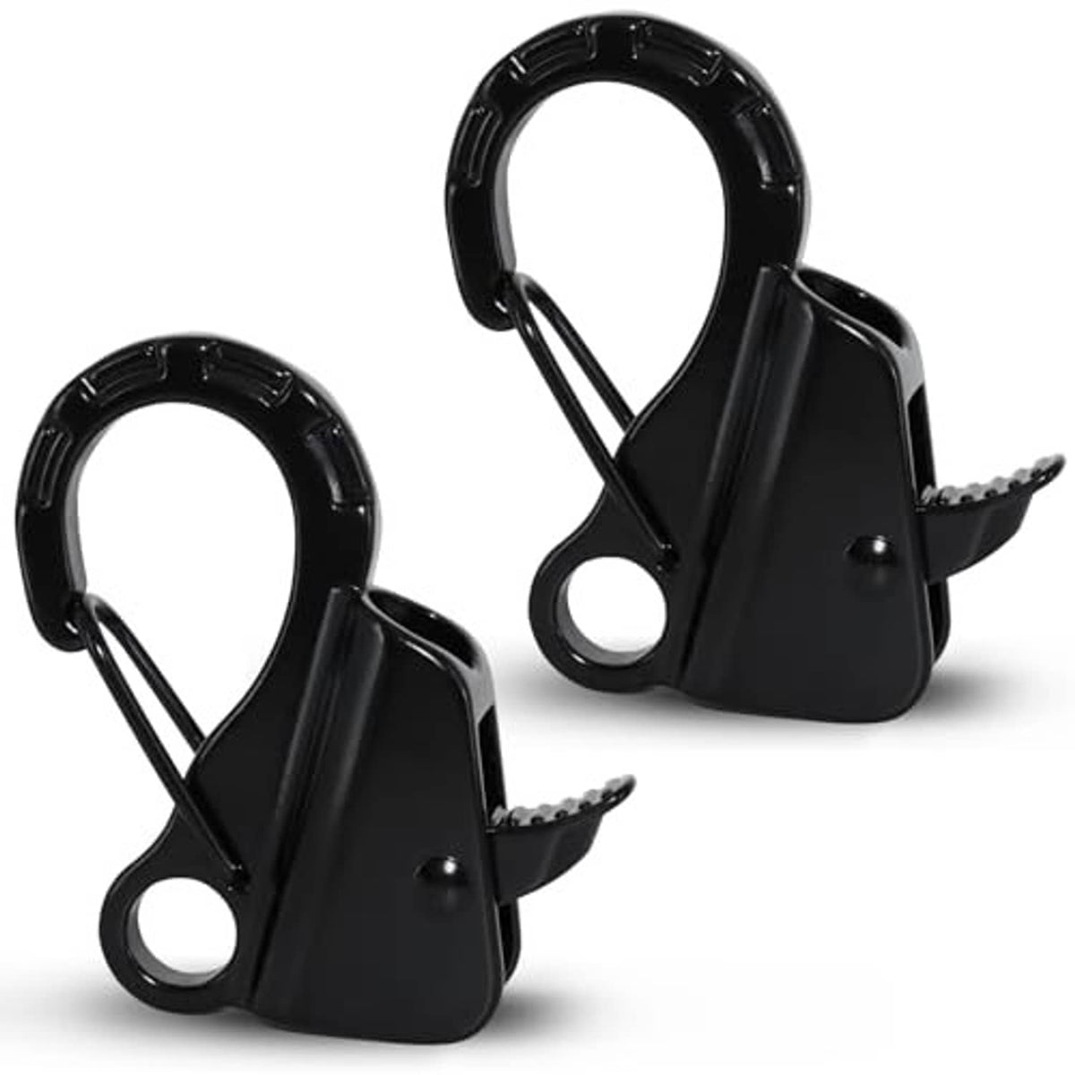 Two black sliding anchor hooks with oval ring and spring latch, side view