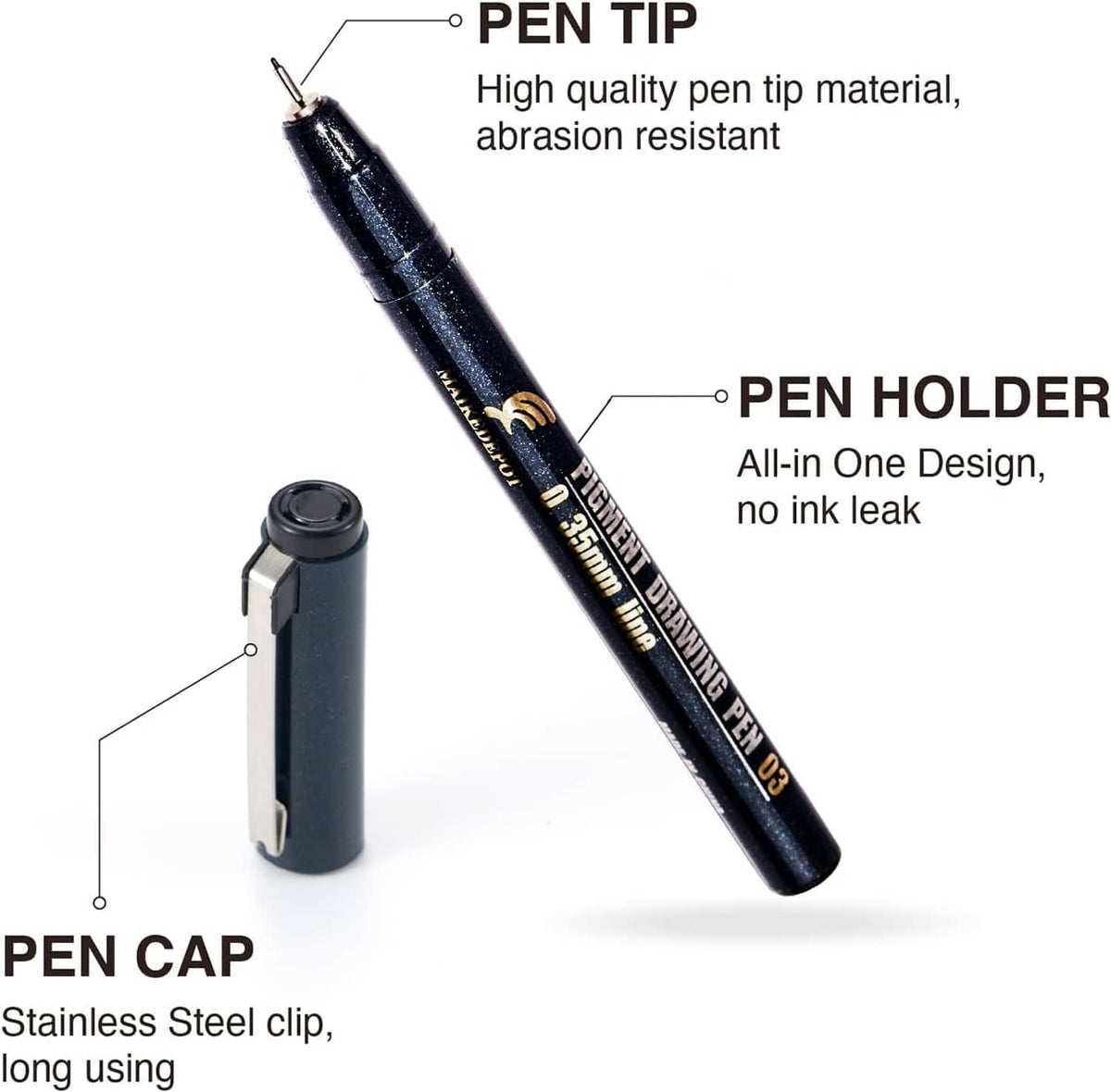 Needle drawing pen details: nib tip, pen holder, and cap