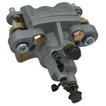 Rear brake master caliper assembly with gray metal body, ports, and mounting bolts