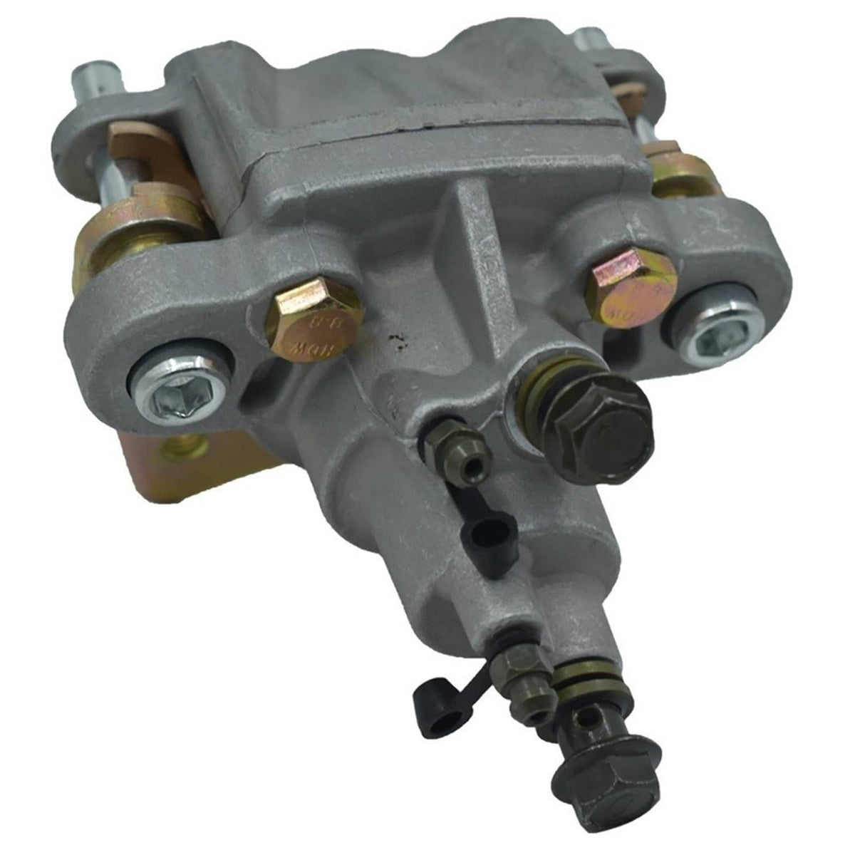 Rear brake master caliper assembly with gray metal body, ports, and mounting bolts