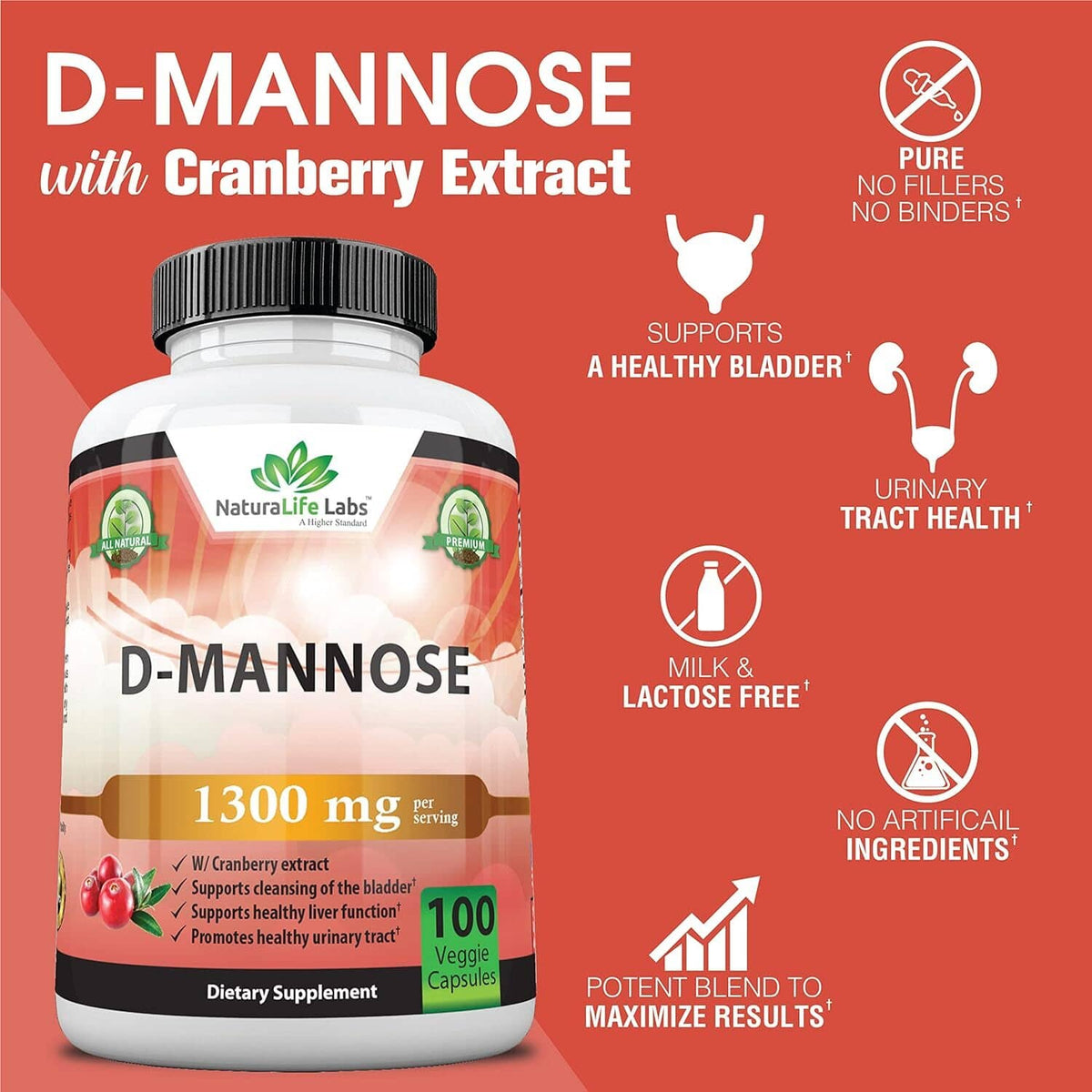 D-mannose with cranberry extract supplement bottle, supports urinary tract health