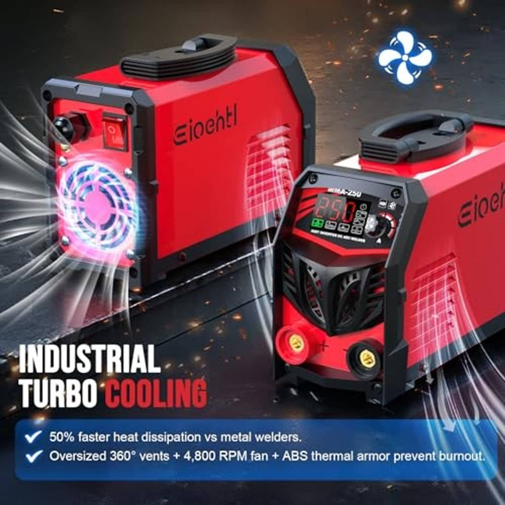 Red stick welder with vented side panels and illuminated cooling fan airflow