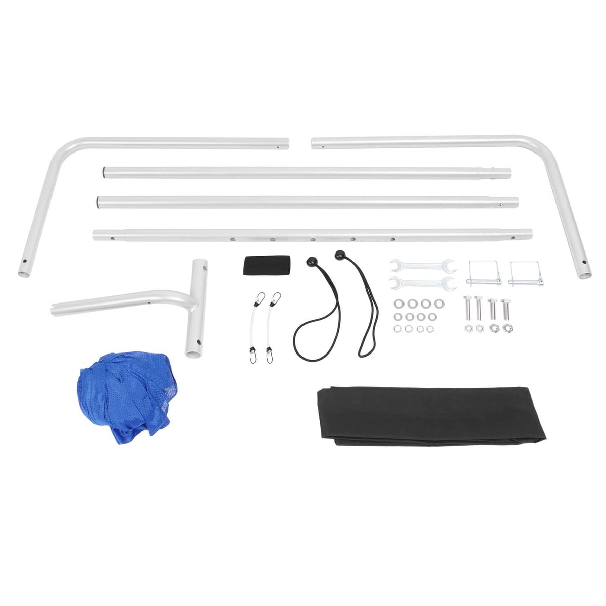 Boat sun shade kit with white poles, blue fabric cover, and included bag