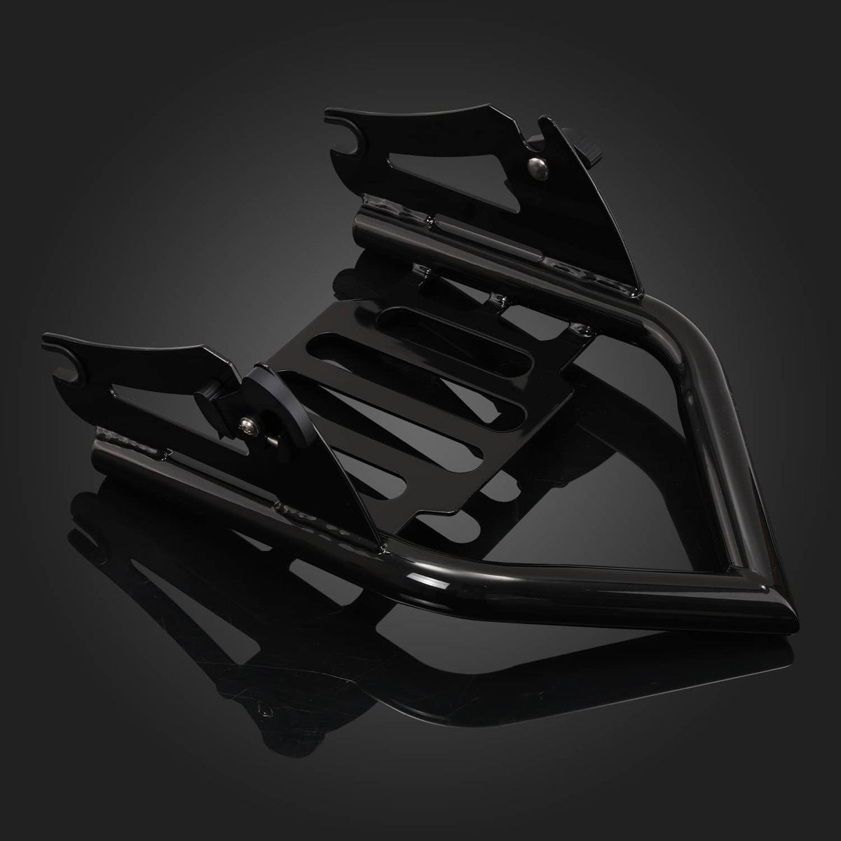 Black detachable luggage rack set with curved bars and slotted deck