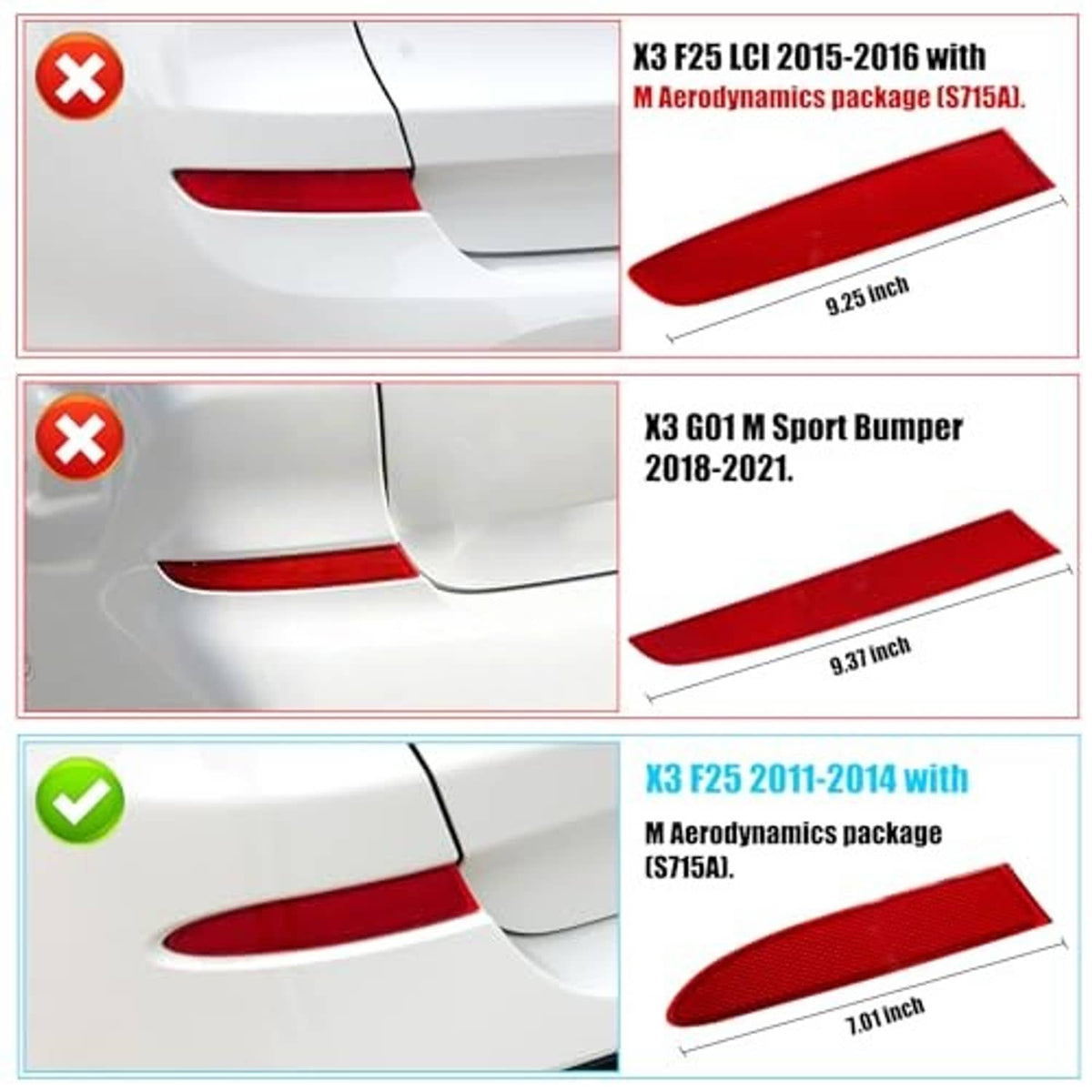 Red rear bumper reflector strip pieces shown with size guide arrows