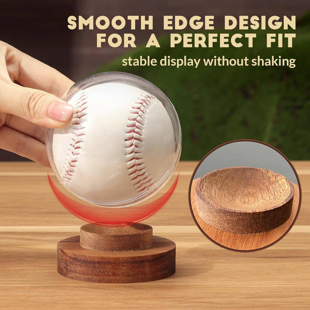 Clear round baseball holder on brown wooden base with red stability ring