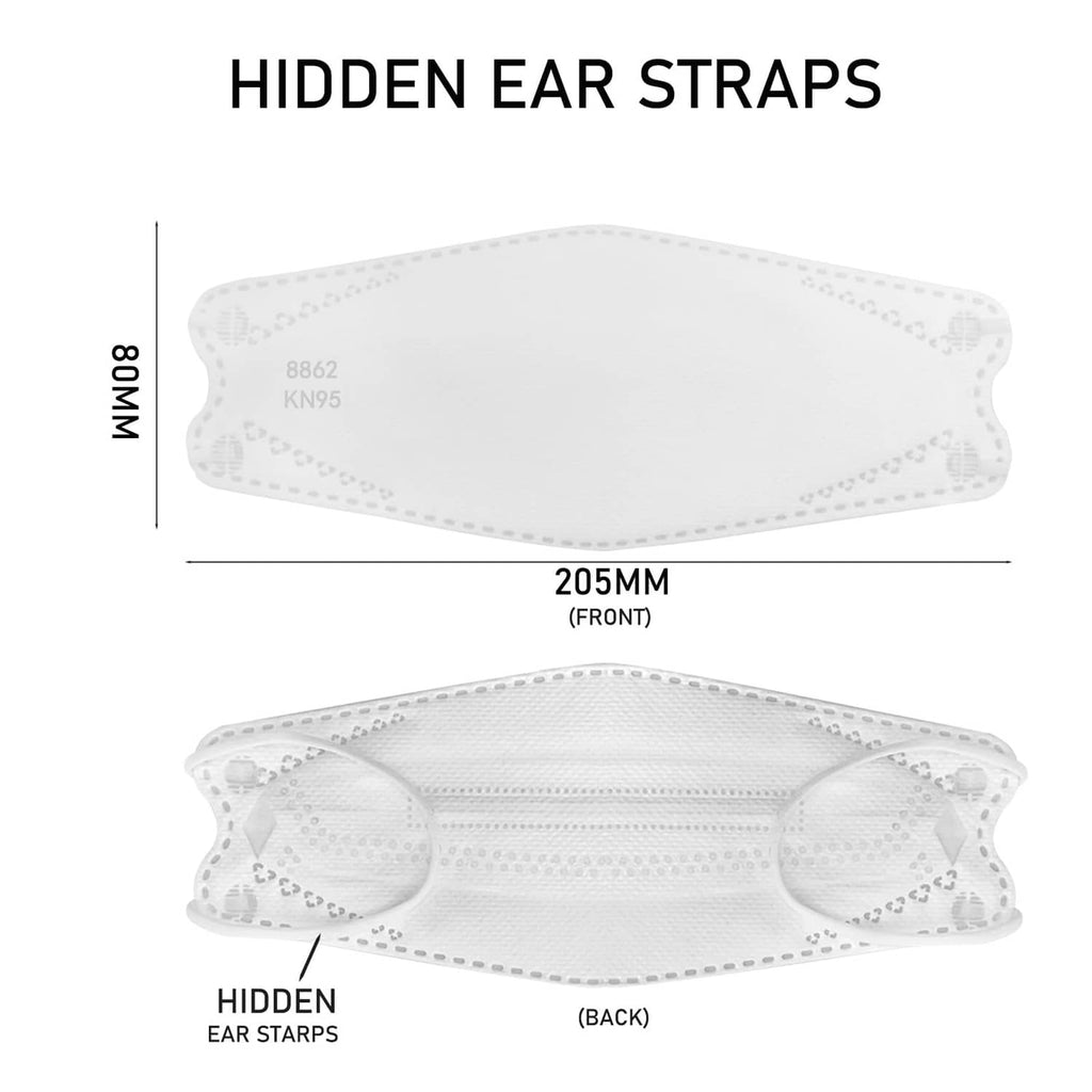 White KN95-style face mask with hidden ear straps, front and back view