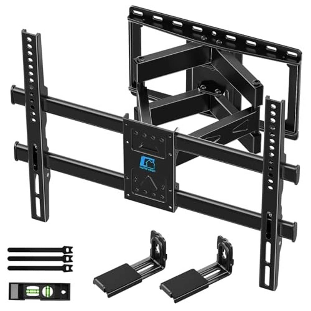 Black full-motion TV wall mount bracket with vertical rails and adjustable support bars