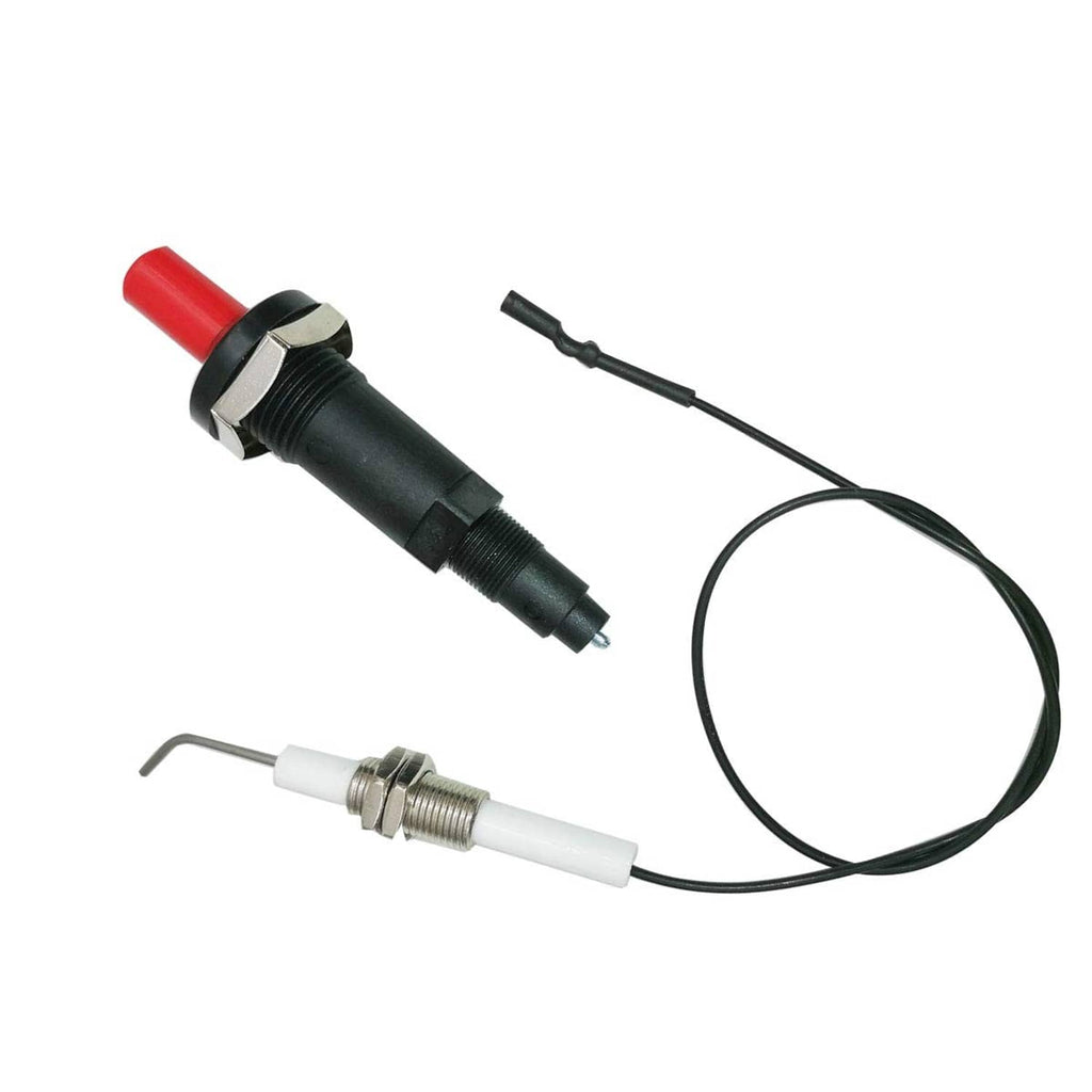 Propane piezo igniter with black module, red cap, metal-thread probe, and black wire