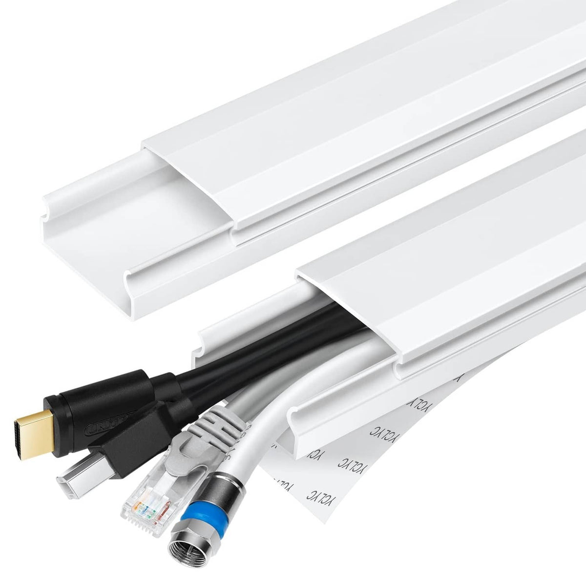 White PVC TV cable hider channel with snap-on cover for concealing cords
