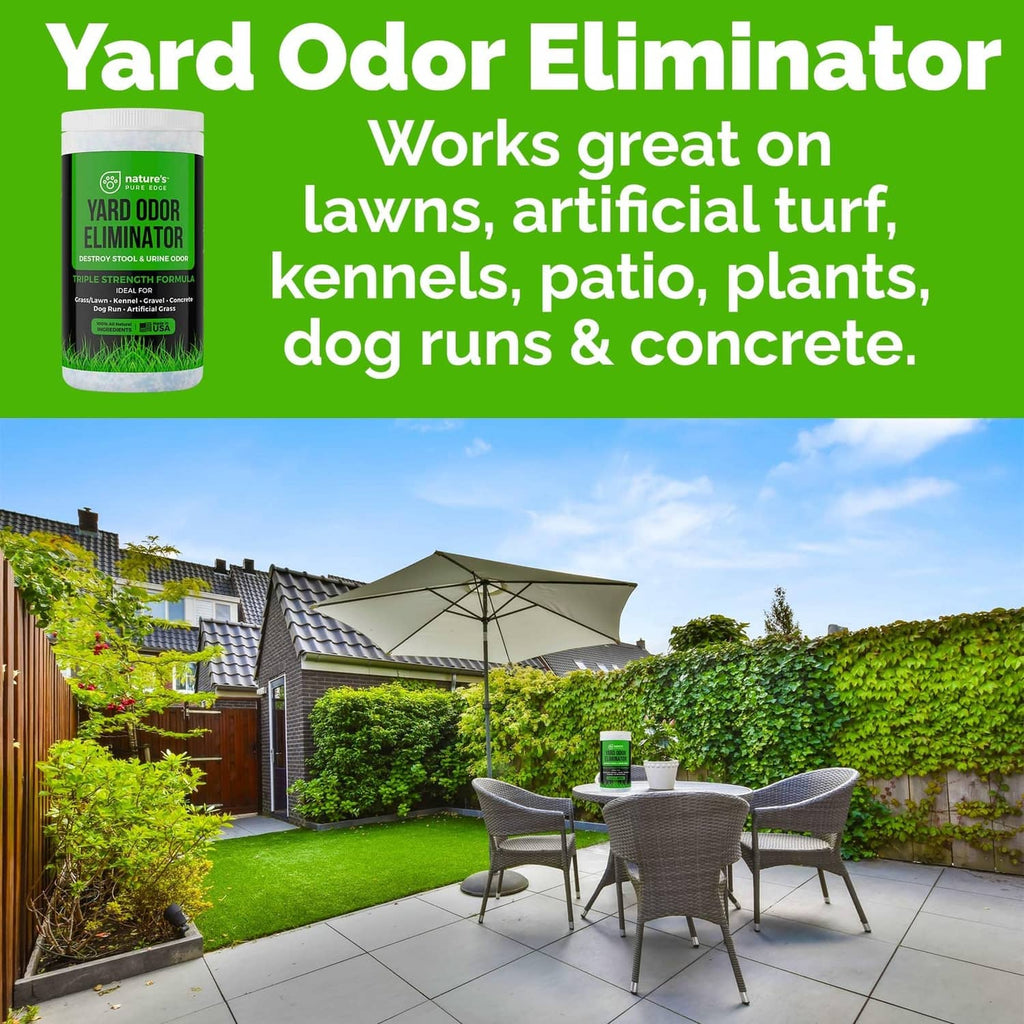 Nature's Pure Edge Yard Odor Eliminator bottle with works-on text over patio yard