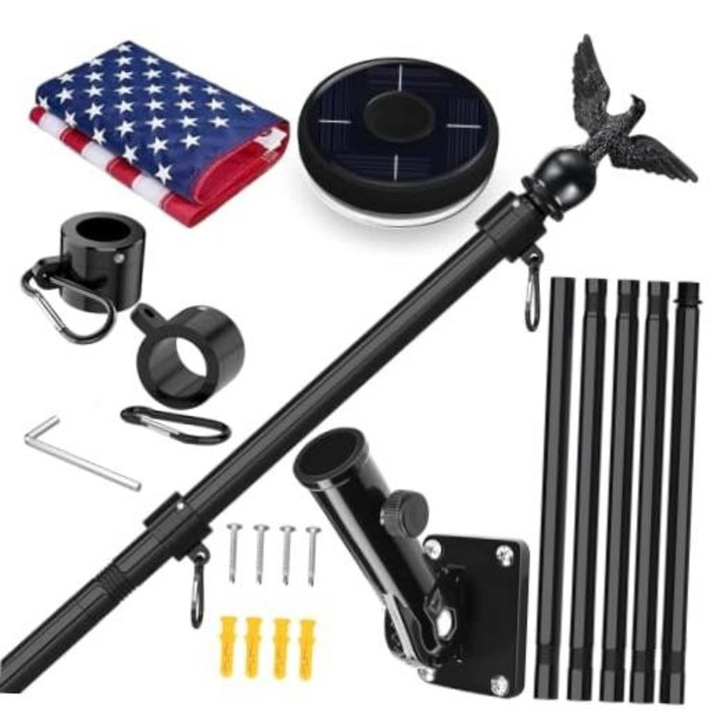 6 ft black solar flagpole kit with solar panel, mounting bracket, and hardware accessories