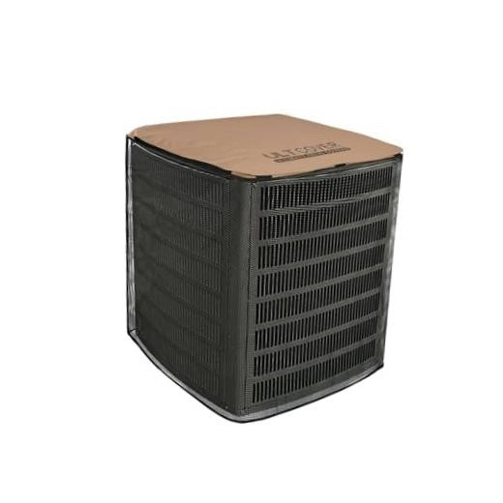 Square air conditioner cover with brown top and dark mesh ventilation sides
